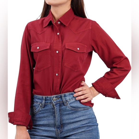 L Diva Red Silky Shirt Button Down Collar Belt Two Front Pockets - Picture 4 of 14